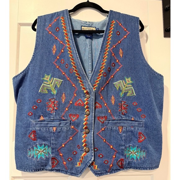 Ruff Hewn Jackets & Blazers - Vintage Ruff Hewn Embroidered Western-Style Denim Vest Ladies Sz Large